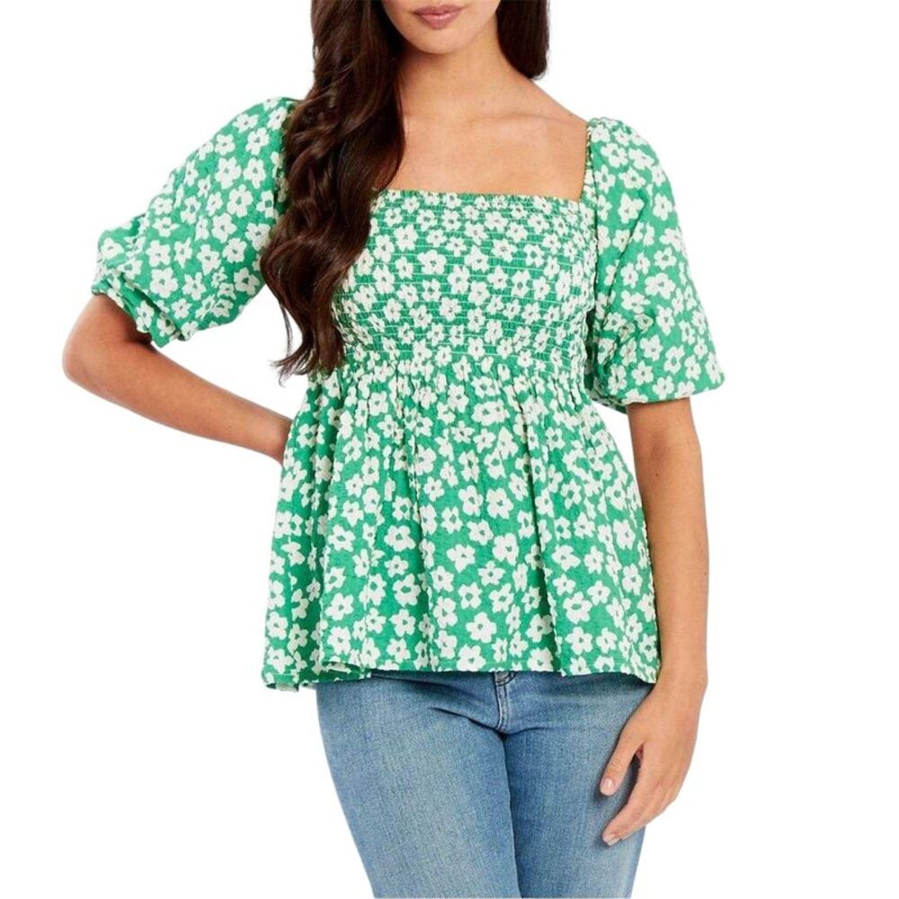 Be You Womens/Ladies Waffle Square Neck Puff Sleeve Blouse / Green/White